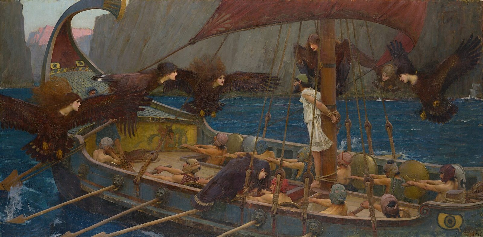 Gemälde: Odysseus ist an den Mast eines Schiffes gebunden, Sirenen mit Vogelkörpern umkreisen das Boot, die Ruderer rudern weiter.